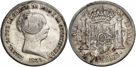 1855. Isabel II. Sevilla. 20 reales. (Cal. 193). 25,91 g. Golpecitos. Escasa. MBC-/MBC.
