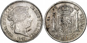 1857. Isabel II. Sevilla. 20 reales. (Cal. 195). 26,04 g. Golpecito en canto. Buen ejemplar. Escasa. MBC+.