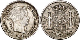1858. Isabel II. Sevilla. 20 reales. (Cal. 196). 25,87 g. MBC.