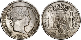1859. Isabel II. Sevilla. 20 reales. (Cal. 197). 25,71 g. Rara. MBC.