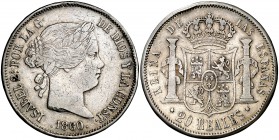 1860. Isabel II. Sevilla. 20 reales. (Cal. 198). 25,72 g. Golpes en canto y rayitas. Rara. (MBC-).