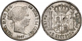 1867. Isabel II. Madrid. 2 escudos. (Cal. 130). 25,95 g. Golpecitos. MBC+.