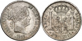 1868*1868. Isabel II. Madrid. 2 escudos. (Cal. 205). 25,70 g. Leves marquitas. MBC/MBC+.