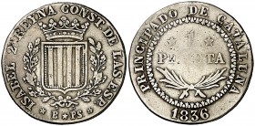 1836. Isabel II. Barcelona. PS. 1 peseta. (Cal. 257). 5,78 g. Canto estriado. Escasa. MBC/MBC-.
