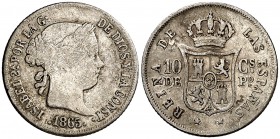1865. Isabel II. Manila. 10 centavos. (Cal. 462). 2,47 g. Escasa. BC/BC+.