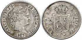 1867. Isabel II. Manila. 10 centavos. (Cal. 464). 2,58 g. Parte de brillo original. Escasa y más así. MBC.
