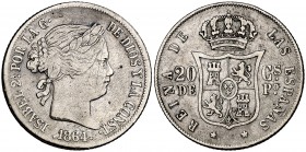 1864. Isabel II. Manila. 20 centavos. (Cal. 456). 5,08 g. Rayitas. Rara. BC+.