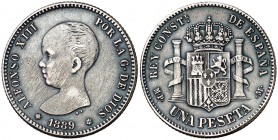 1889*1889. Alfonso XIII. MPM. 1 peseta. (Cal. 37). 4,90 g. Limpiada. Escasa. (MBC+).