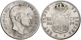 1884. Alfonso XII. Manila. 20 centavos. (Cal. 91). 5 g. Limpiada. Rara. (MBC-).