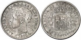 1895. Alfonso XIII. Puerto Rico. PGV. 20 centavos. (Cal. 84). 4,83 g. Escasa. MBC-.