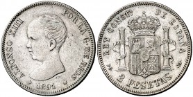 1891*1891. Alfonso XIII. PGM. 2 pesetas. (Cal. 31). 9,85 g. Rara. MBC-/BC-.