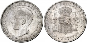 1896. Alfonso XIII. Puerto Rico. PGV. 40 centavos. (Cal. 83). 10 g. Escasa. MBC-.