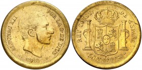 1880. Alfonso XII. Manila. 50 centavos. 13,32 g. Prueba en latón realizada con posterioridad. Rayitas. Rara. (EBC).