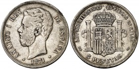 1871*1873. Amadeo I. DEM. 5 pesetas. (Cal. 2). 24,65 g. Rara. MBC-.