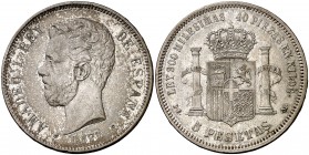 1871*1874. Amadeo I. DEM. 5 pesetas. (Cal. 10). 24,86 g. MBC+.