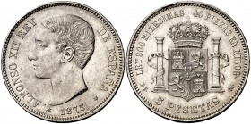 1875*1875. Alfonso XII. DEM. 5 pesetas. (Cal. 25a). 25,01 g. Leves marquitas. Buen ejemplar. MBC+.