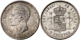 1878*1878. Alfonso XII. EMM. 5 pesetas. (Cal. 30). 24,86 g. Golpecito en canto. Pátina. MBC+.