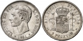 1881*1881. Alfonso XII. MSM. 5 pesetas. (Cal. 32). 24,86 g. Escasa. MBC.