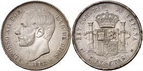 1882*1882/1. Alfonso XII. MSM. 5 pesetas. (Cal. 34). 24,87 g. Golpecitos. Pátina. Escasa. MBC.