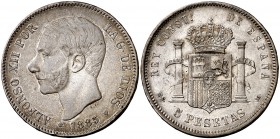 1885*1886. Alfonso XII. MSM. 5 pesetas. (Cal. 41). 24,92 g. Golpecitos en canto. MBC+.