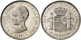 1890*1890. Alfonso XIII. PGM. 5 pesetas. (Cal. 16). 24,88 g. Mínimas marquitas. Bella. Brillo original. Escasa así. EBC+/S/C-.