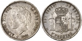 1893*18--. Alfonso XIII. PGV. 5 pesetas. (Cal. 22). 24,86 g. Escasa. MBC-.