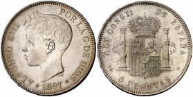 1897*1897. Alfonso XIII. SGV. 5 pesetas. (Cal. 26). 24,91 g. Leves marquitas. MBC+/EBC-.