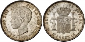 1899*1899. Alfonso XIII. SGV. 5 pesetas. (Cal. 28). 24,92 g. Leves marquitas. EBC.