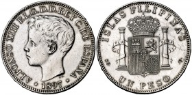 1897. Alfonso XIII. Manila. SGV. 1 peso. (Cal. 81). 25,07 g. Golpecitos. Limpiada. Escasa. (MBC+/EBC-).