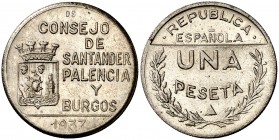 1937. Santander, Palencia y Burgos. 1 peseta. (Cal 16, como serie completa). 5,41 g. S/C-.