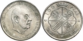 1966*1969. Estado Español. 100 pesetas. (Cal. 14). 19,16 g. 9 curvo. Escasa. EBC.