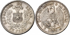 1880. Chile. (Santiago). 1 peso. (Kr. 142.1). 24,86 g. AG. Leves golpecitos. (MBC+).