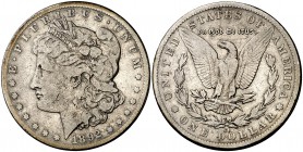 1892. Estados Unidos. CC (Carson City). 1 dólar. (Kr. 110). 26,24 g. AG. Muy rara. BC+.