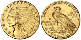 1912. Estados Unidos. Filadelfia. 2 1/2 dólares. (Fr. 120) (Kr. 128). 4,15 g. AU. Tipo "indio". MBC+.
