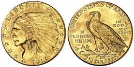 1913. Estados Unidos. Filadelfia. 2 1/2 dólares. (Fr. 120) (Kr. 128). 4,15 g. AU. Tipo "indio". EBC-.