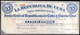 1869. Junta Central Republicana de Cuba y Puerto Rico. 5 pesos. (Ed. CU33). Nueva York, 17 de agosto. Serie L. Dobleces. Escaso. MBC+.