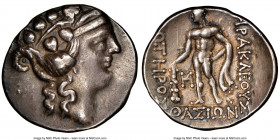 LOWER DANUBE. Imitating Thasos. After 146 BC. AR tetradrachm (31mm, 12h). NGC Choice VF, edge bend. Head of Dionysus right, crowned with ivy, wearing ...