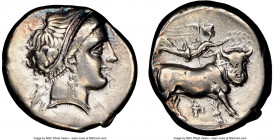 CAMPANIA. Neapolis. Ca. 4th-3rd centuries BC. AR didrachm (20mm, 2h). NGC Choice VF. Ca. 320-300. Head of nymph right, hair bound with taenia, wearing...