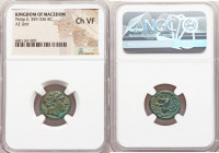 MACEDONIAN KINGDOM. Philip II (359-336 BC). AE unit (17mm, 10h). NGC Choice VF. Uncertain mint in Macedonia. Head of Apollo right, wearing taenia / ΦI...
