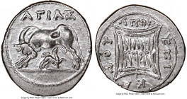 ILLYRIA. Apollonia. Ca. 2nd-1st Centuries BC. AR drachm (18mm, 7h). NGC XF. Agias and Epicadus. AΓIAΣ, cow standing left, head right, suckling calf st...