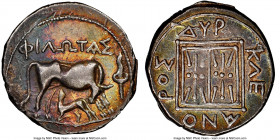 ILLYRIA. Dyrrhachium. Ca. 3rd-1st centuries BC. AR drachm (17mm, 9h). NGC Choice VF. Philotas, moneyer, Cleanoros, magistrate, ca. 92-60 BC. Cow stand...