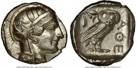 ATTICA. Athens. Ca. 440-404 BC. AR tetradrachm (25mm, 17.21 gm, 7h). NGC Choice AU 5/5 - 4/5. Mid-mass coinage issue. Head of Athena right, wearing ea...