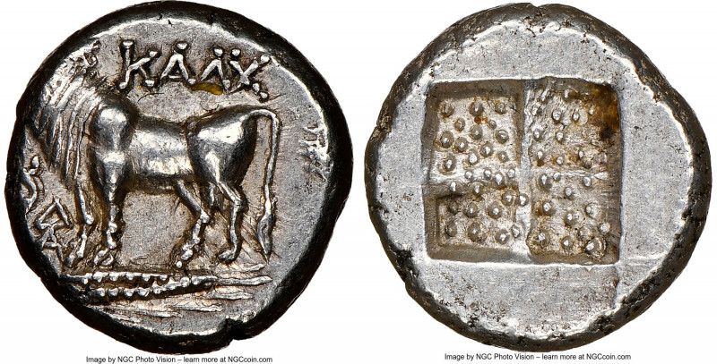 BITHYNIA. Calchedon. Ca. 387/6-340 BC. AR drachm (14mm). NGC XF. KAΛX, bull stan...