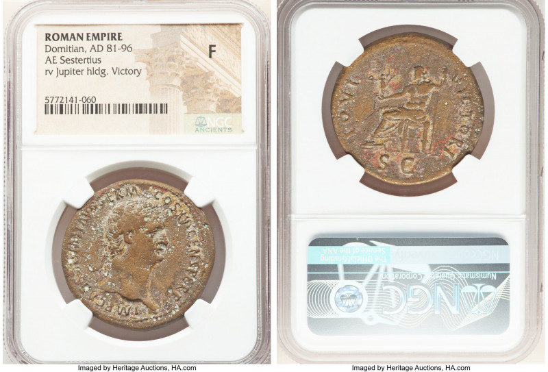 Domitian (AD 81-96). AE sestertius (34mm, 6h). NGC Fine. Rome, AD 90-91. IMP CAE...