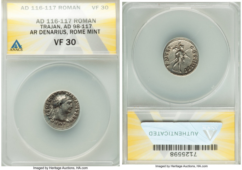 Trajan (AD 98-117). AR denarius (19mm, 7h). ANACS VF 30. Rome, AD 101-102. IMP C...