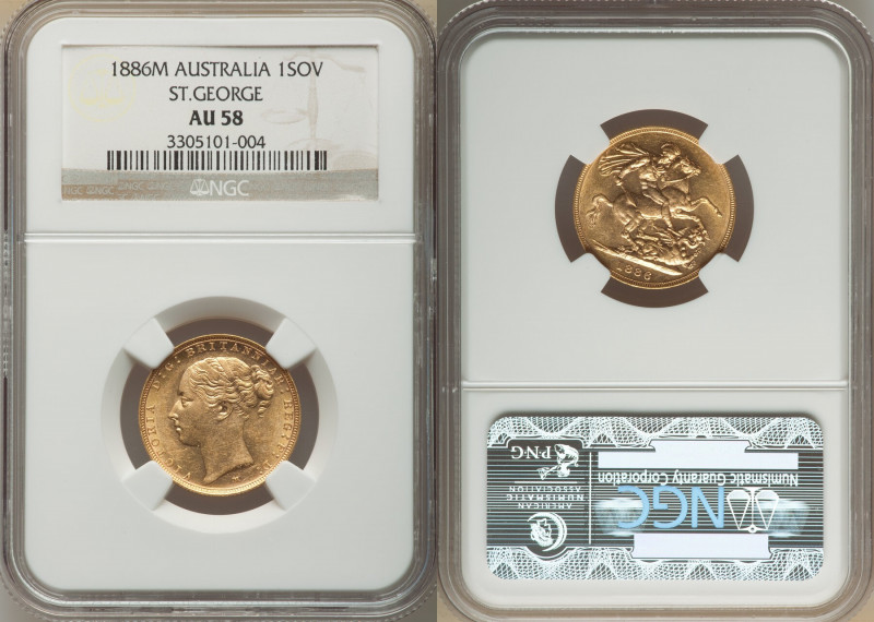 Victoria gold "St. George" Sovereign 1886-M AU58 NGC, Melbourne mint, KM7. AGW 0...