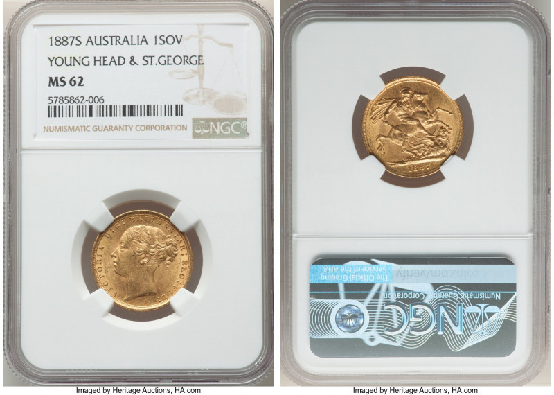 Victoria gold "Young Head/St. George" Sovereign 1887-S MS62 NGC, Sydney mint, KM...