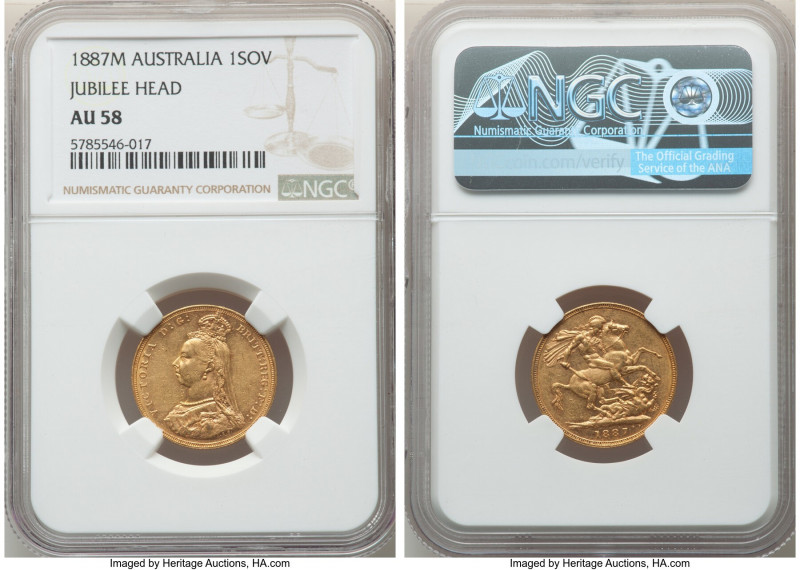 Victoria gold "Jubilee Head" Sovereign 1887-M AU58 NGC, Melbourne mint, KM10. 
...