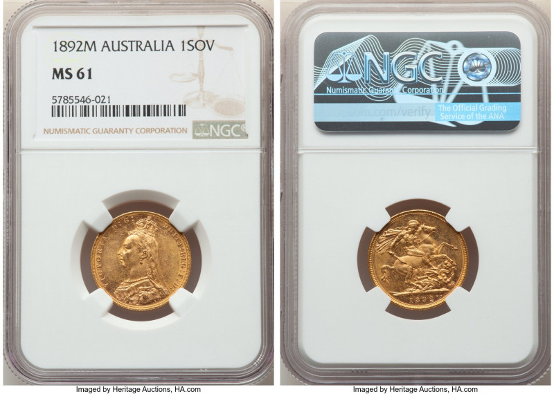 Victoria gold Sovereign 1892-M MS61 NGC, Melbourne mint, KM10. Semi-Prooflike fi...