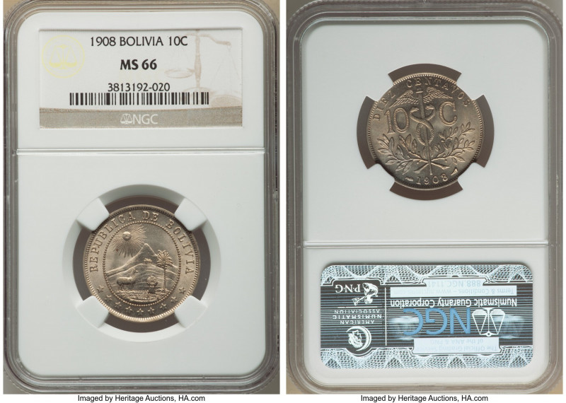 Republic 10 Centavos 1908 MS66 NGC, Potosi mint, KM174.3. Sheathed in a softened...